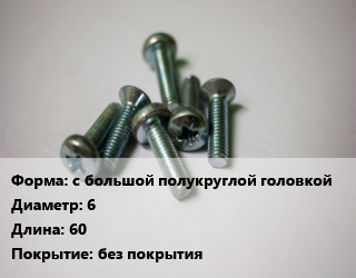 Винт с большой полукруглой головкой 6х60 без покрытия, чертеж 7811-7062, кг цена от 99.28 Тг / кг, где купить, условия доставки в Шымкенте и Южно-Казахстанской области